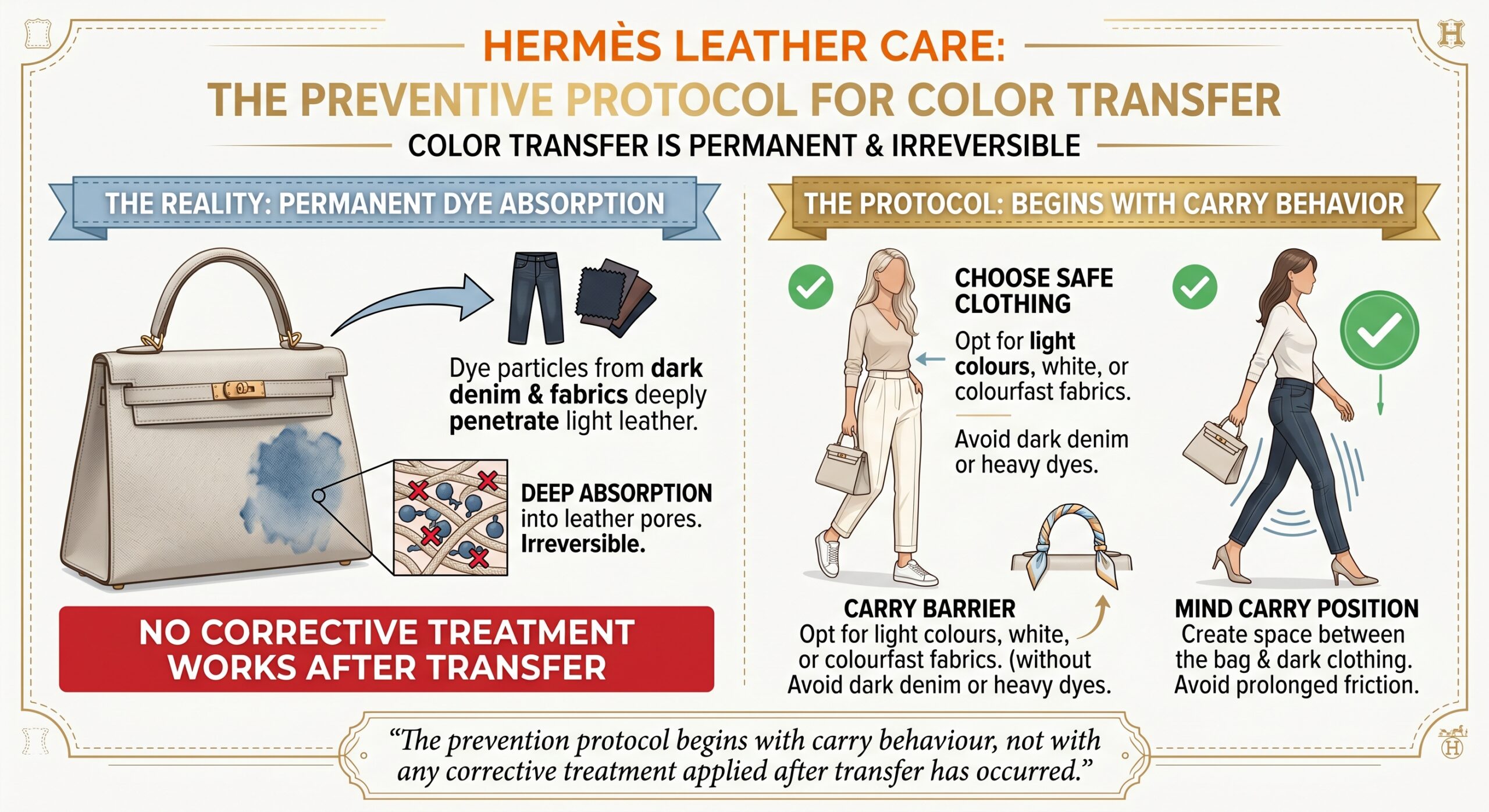 Light Hermès leather colour transfer prevention showing Craie Birkin carried safely away from dark denim and dyed fabrics