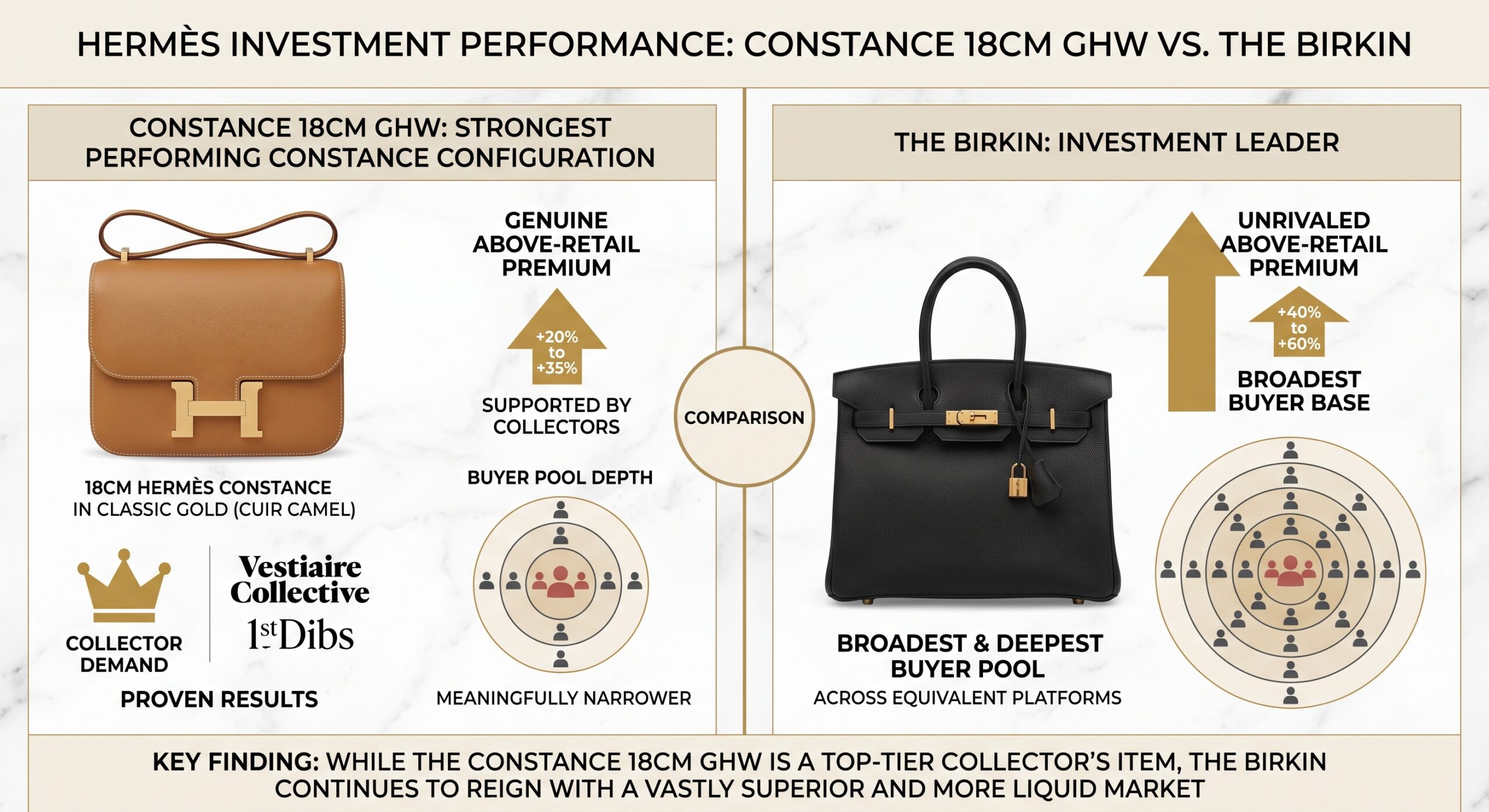 Hermès Constance 18cm GHW showing collector premium positioning on Vestiaire Collective and 1stDibs versus Birkin buyer pool advantage