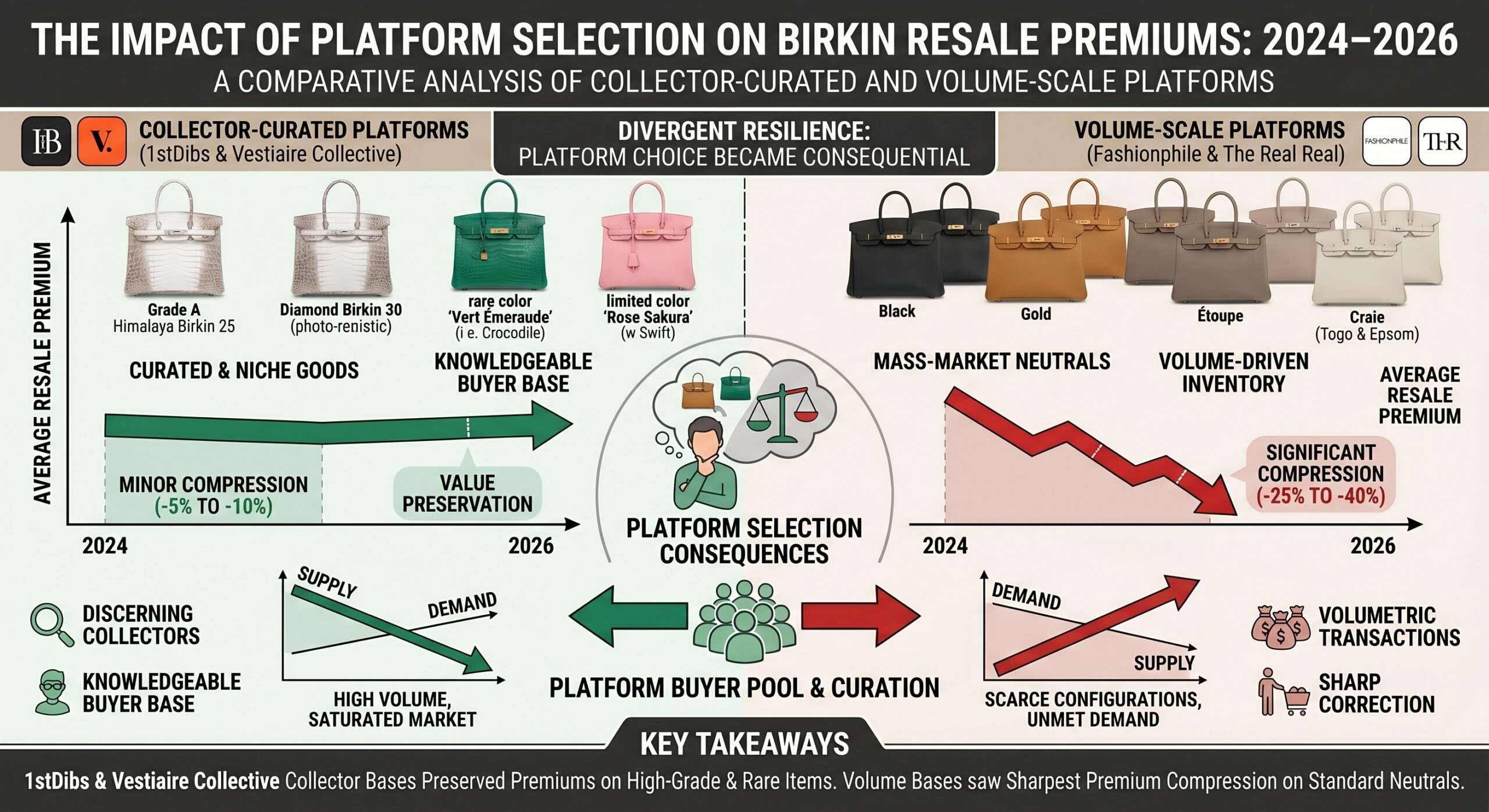 Hermès secondary market platform comparison showing 1stDibs and Vestiaire Collective premium resilience versus The Real Real correction depth