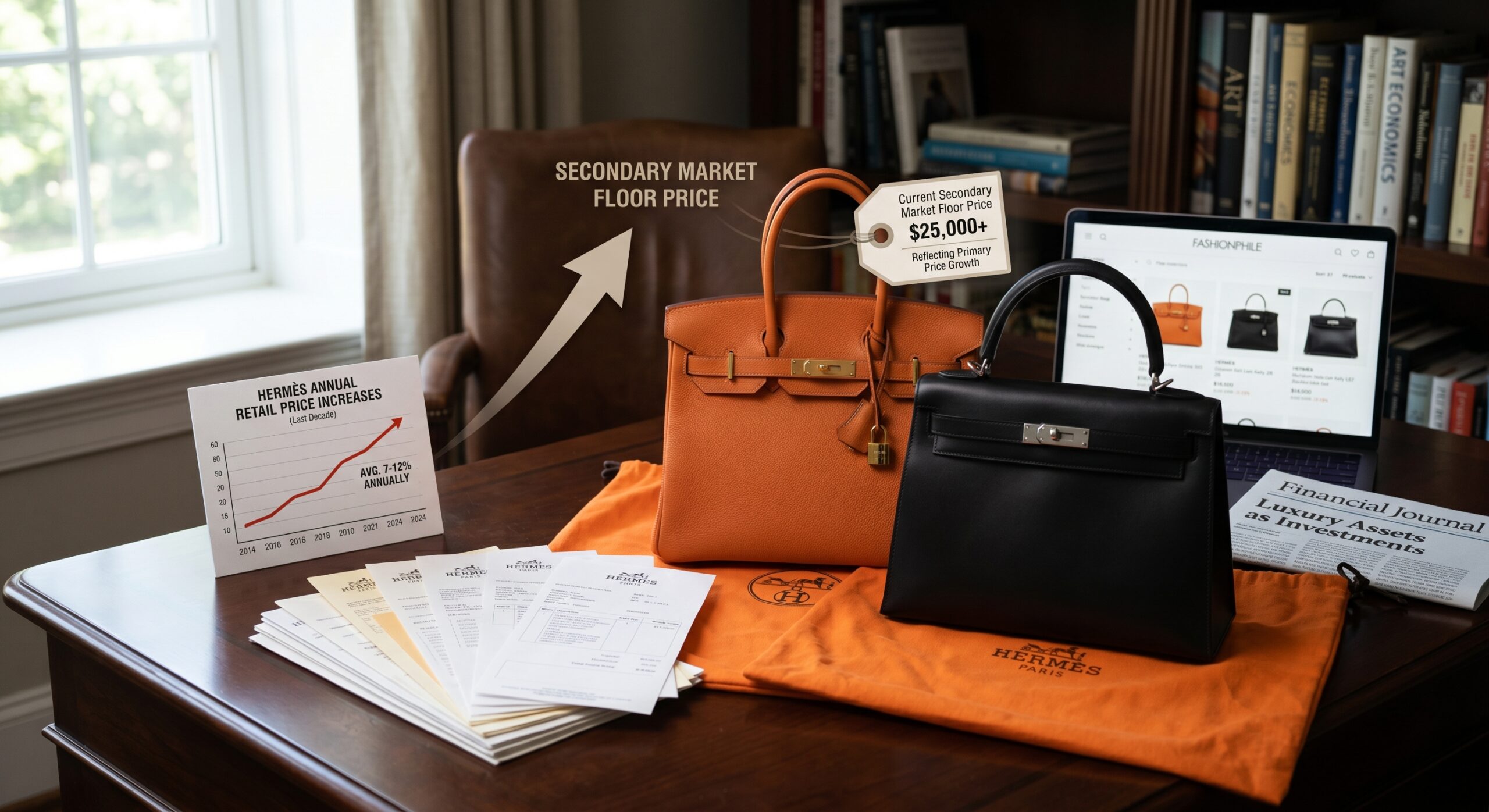 Hermès Birkin price increase history timeline showing retail price growth and secondary market floor impact over ten years