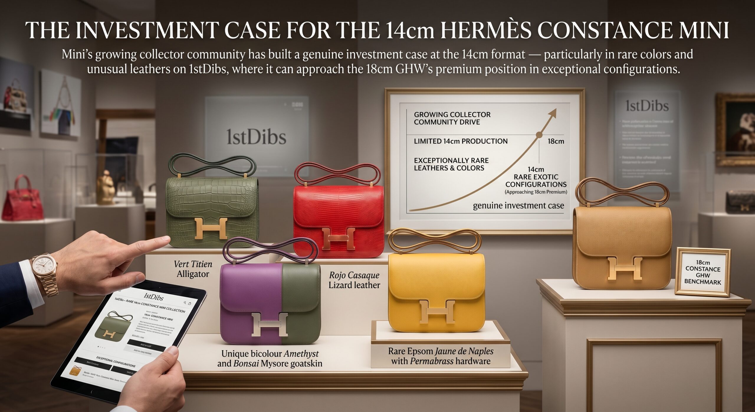 Hermès Constance Mini 14cm showing rising collector demand as investment bridge between non-quota and Birkin tier