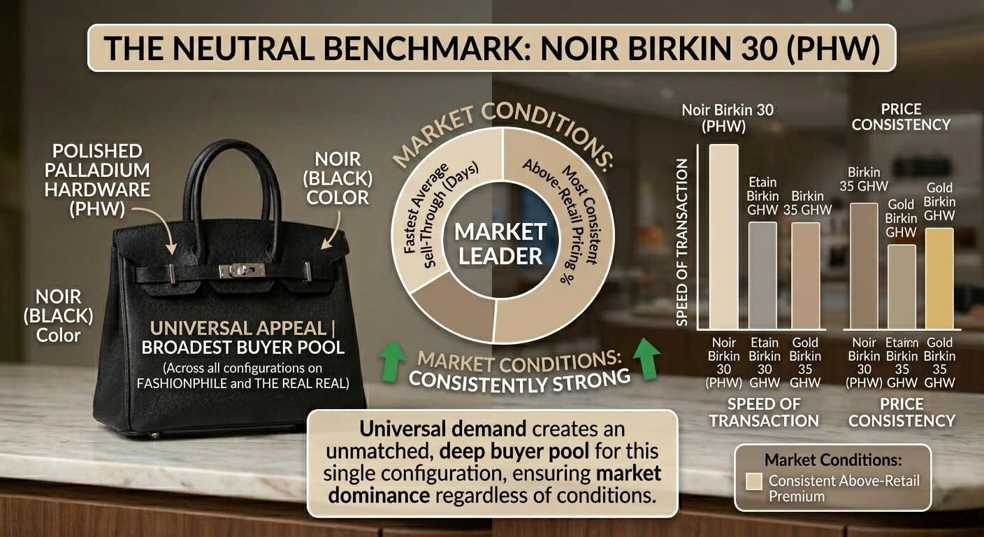 Hermès Noir Birkin 30 PHW showing broadest buyer pool liquidity advantage over Etain on Fashionphile and The Real Real platforms