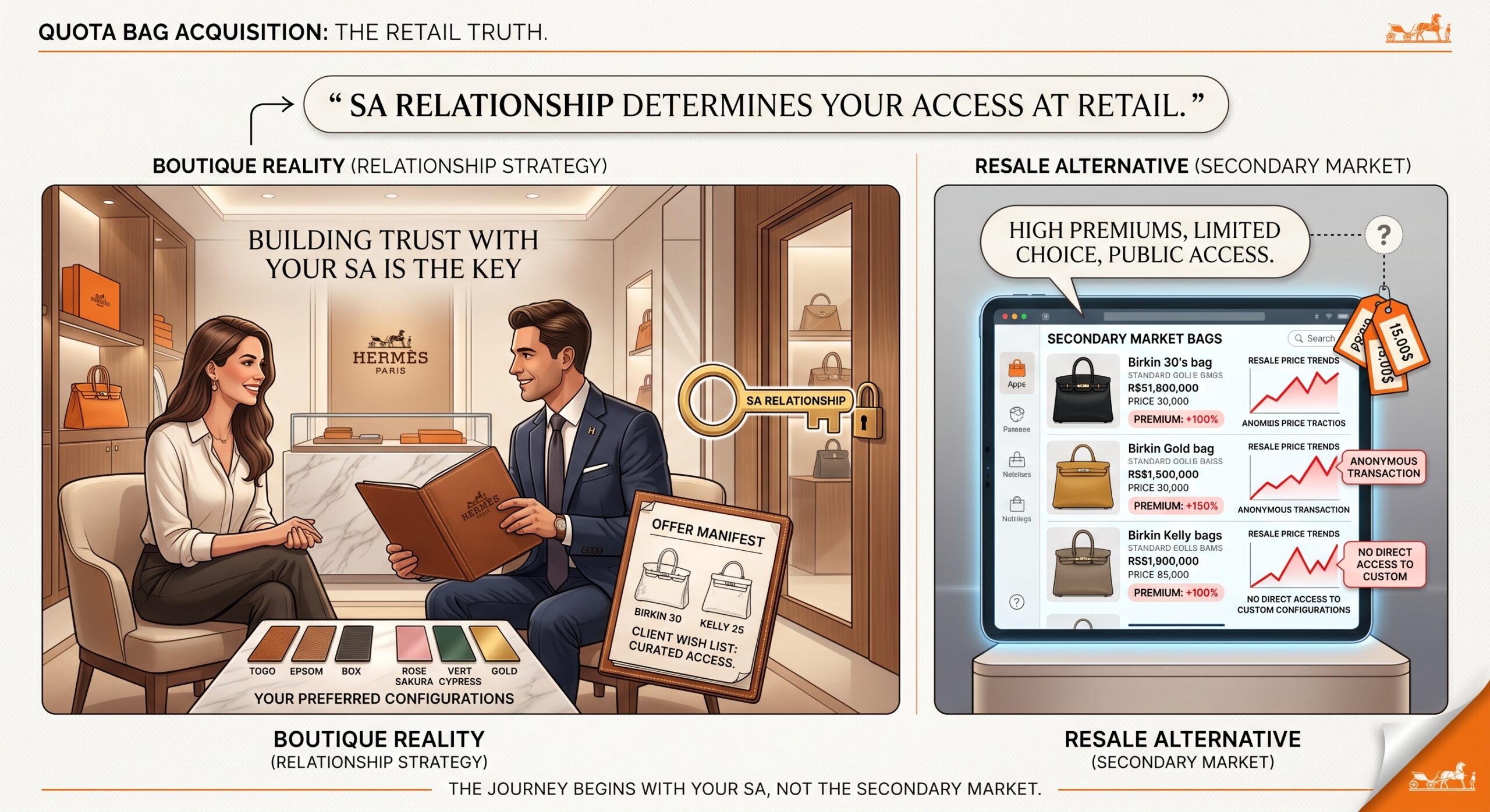 Hermès quota bag acquisition context showing boutique relationship and resale platform strategy