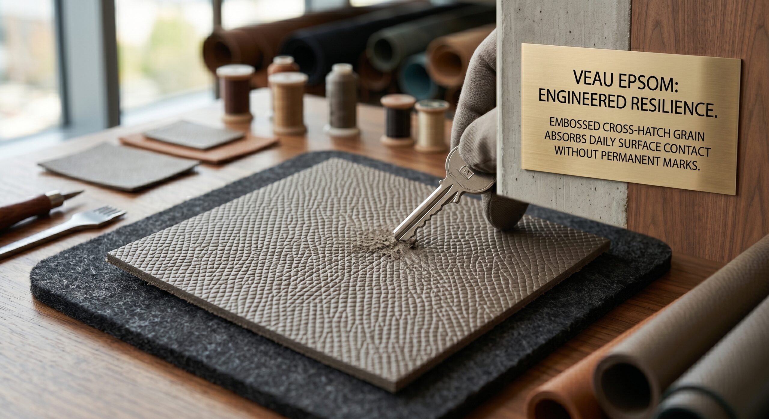 Close-up detail of Hermès Epsom leather grain texture showing scratch resistance and surface structure