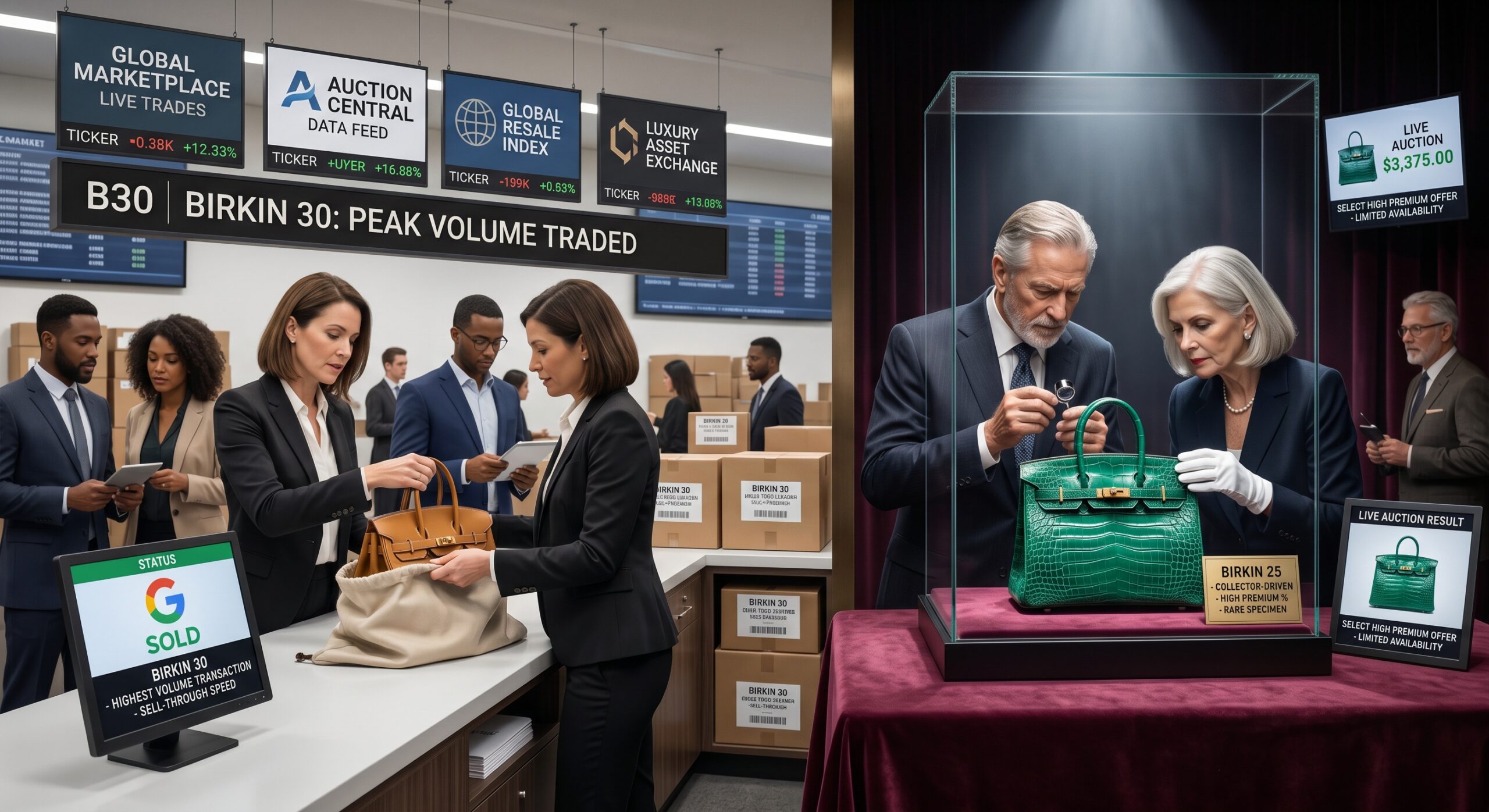 Hermès Birkin 30 showing volume leadership and broad buyer pool advantage on Fashionphile and The Real Real 2026