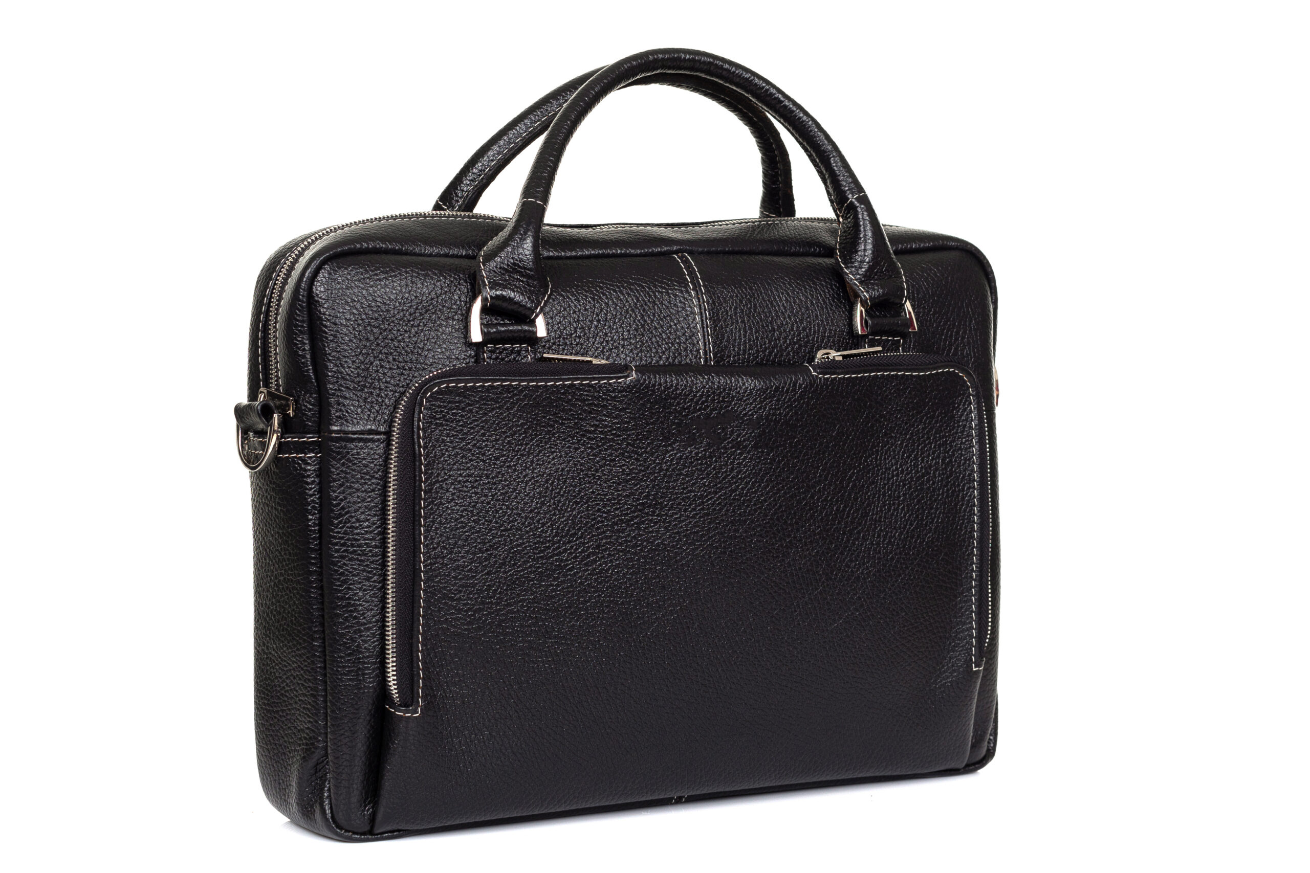 Premium black leather handbag close up
